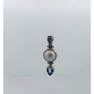 925 Sterling Silver Pearl & Blue Topaz Teardrop Pendant Vintage Estate Jewelry